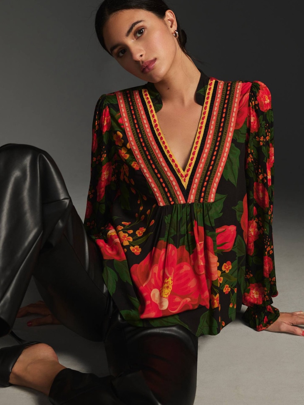 Bl-nk Stephanie Long-Sleeve Top Anthropologie Black & Ted Floral XL EUC